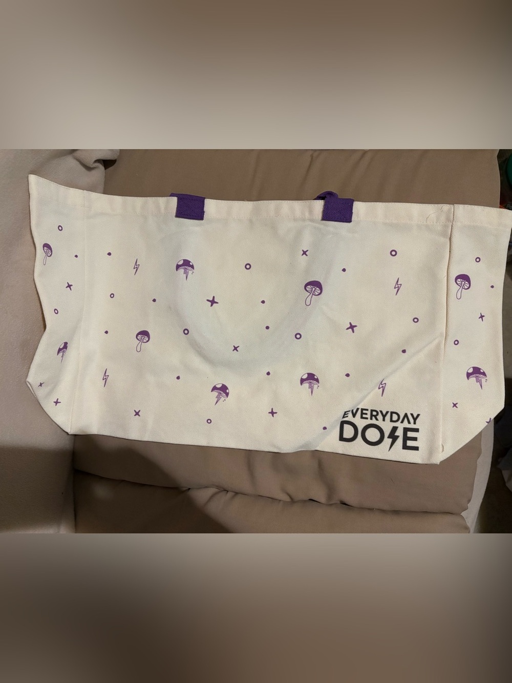White Canvas Tote with Purple Print